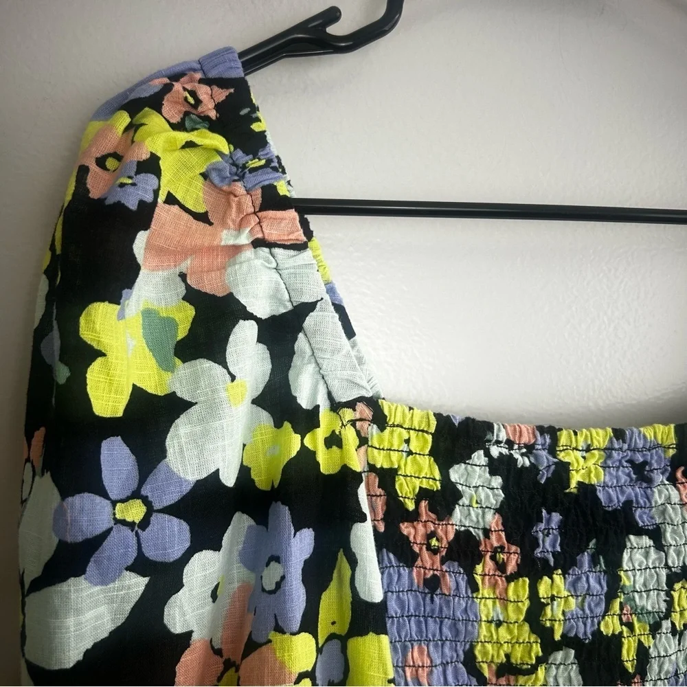 Free People Ariana Floral Retro Combo Balloon Sleeve Smocked Blouse Size Large